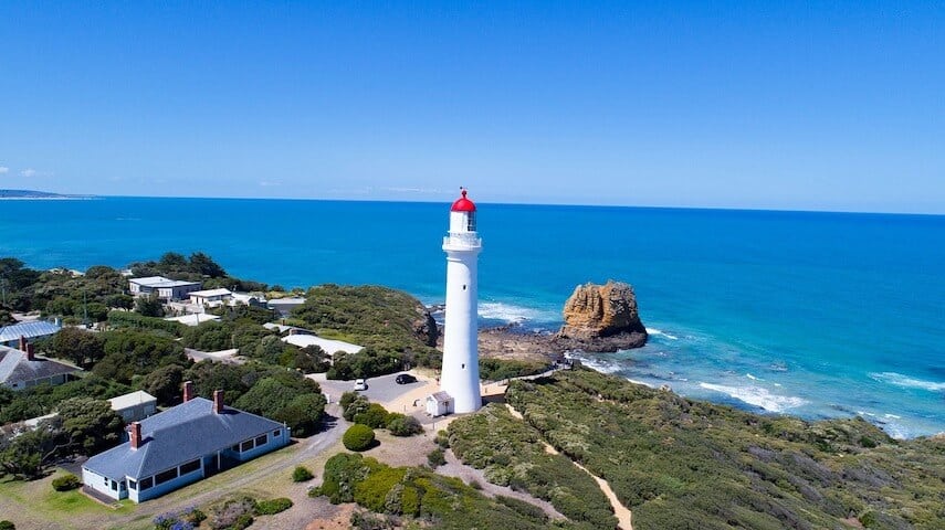 Aerial view of Aireys Inlet & split point lighthouse on the Great Ocean Road