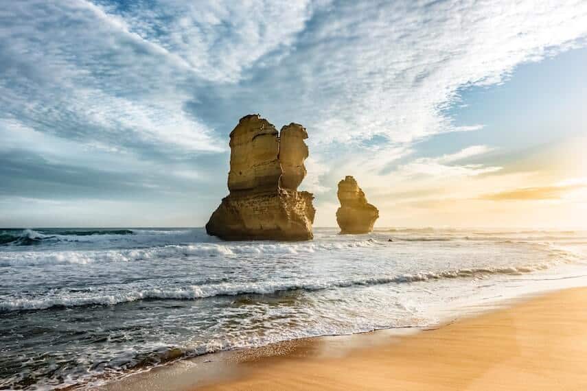 The towering rock formations from the beach at Gibson Steps Great Ocean Road
