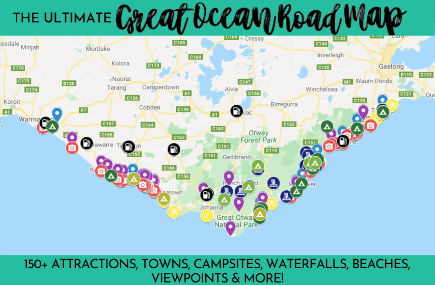 The ULTIMATE Great Ocean Road Map with 150+ attractions, towns, campsites, waterfalls, beaches, viewpoints and more marked with colour codes pins