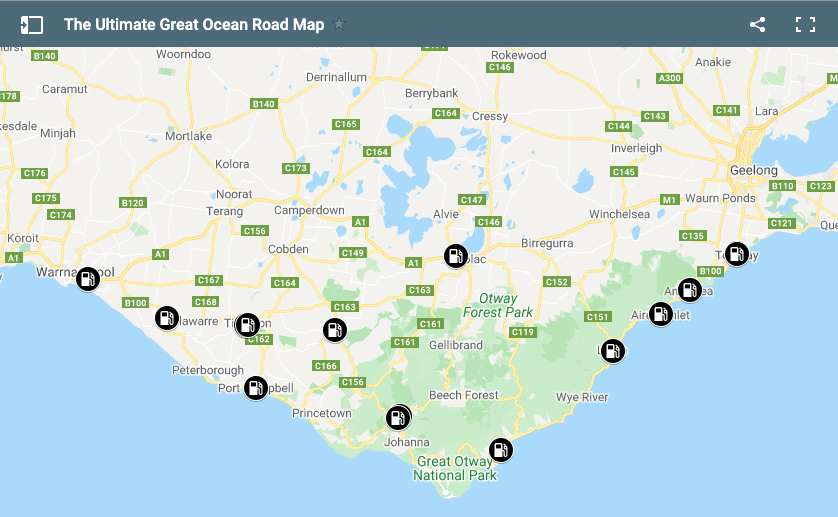 Map of Petrol Stations on the Great Ocean Road