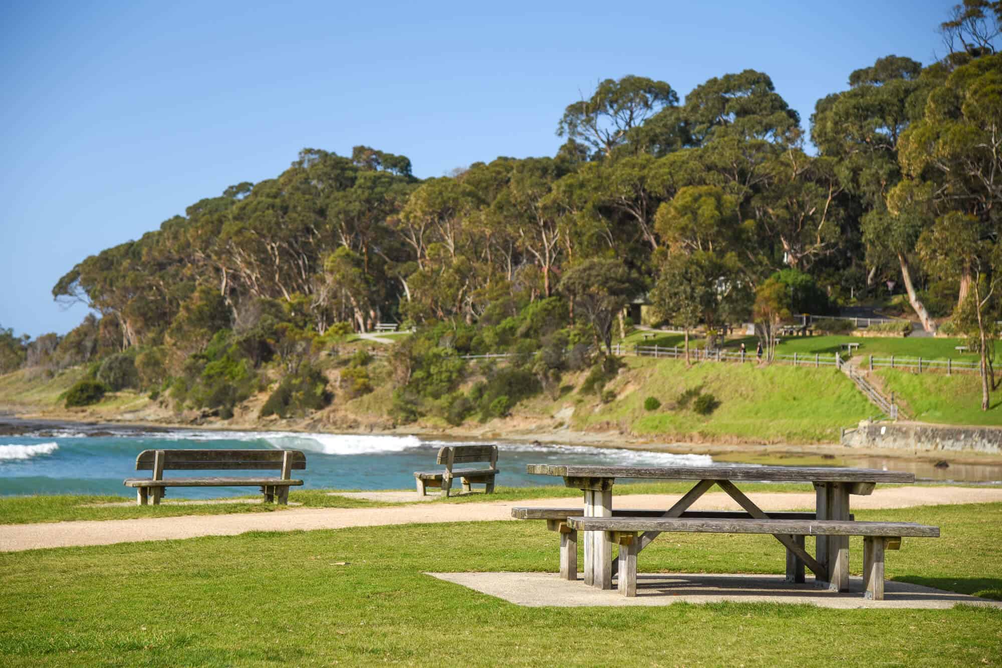 Picnic Area by the Ocean by wooden table and chair sets and wooden benches with the ocean and trees on the background