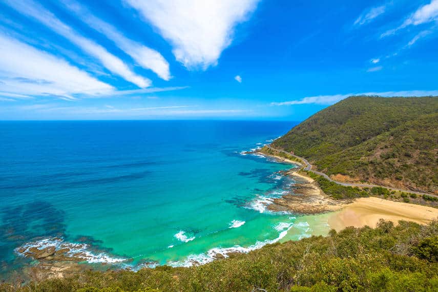 View from Teddy's Lookout Lorne from above the cliffs, with the road winding around the rock and along the coastline