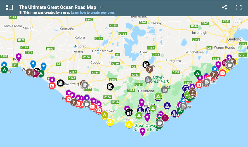 Colour Coded, Layered Map of 100+ Attractions on the Great Ocean Road