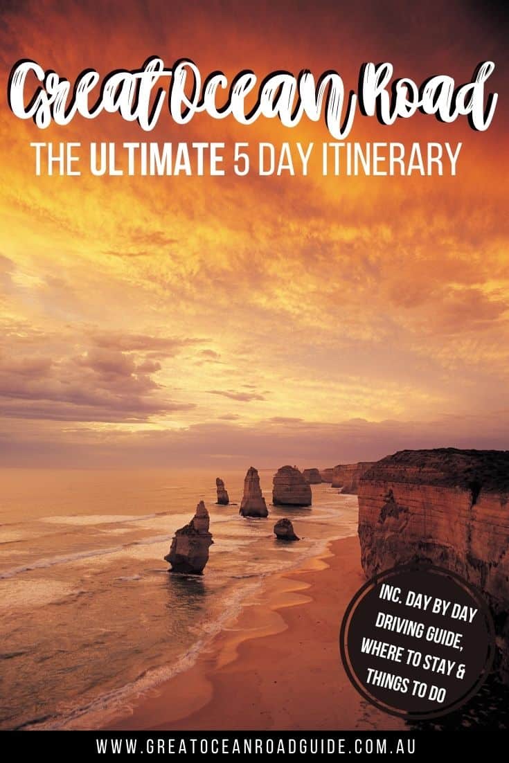 Self Drive 5 Day Great Ocean Road Itinerary PIn Image featuring the 12 Apostles Limestone Rock formation standing off the coastline with a red sunset in the background